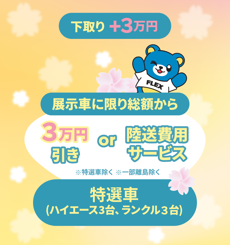 下取り+3万円 展示車に限り総額から3万円引き!or陸送費用サービス※特選車除く※一部離島除く 特選車(ハイエース3台、ランクル3台)
