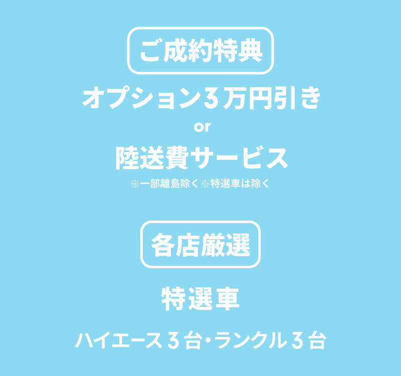 ご成約特典 オプション3万円引きor陸送費用サービス※一部離島除く※特選車は除く 各店厳選 特選車 ハイエース3台・ランクル3台