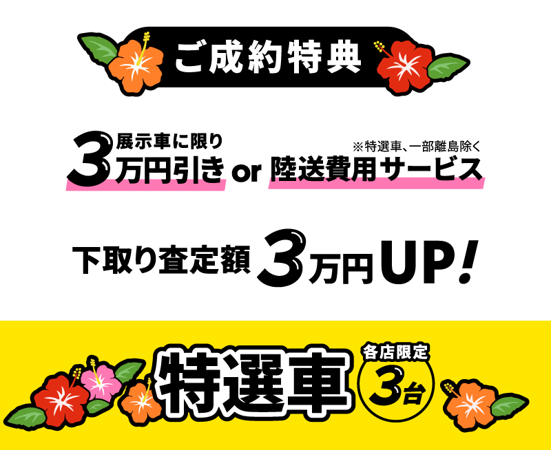 ご成約特典 展示車に限り3万円引きor陸送費用サービス※特選車、一部離島除く 下取り査定額3万円UP! 特選車各店限定3台