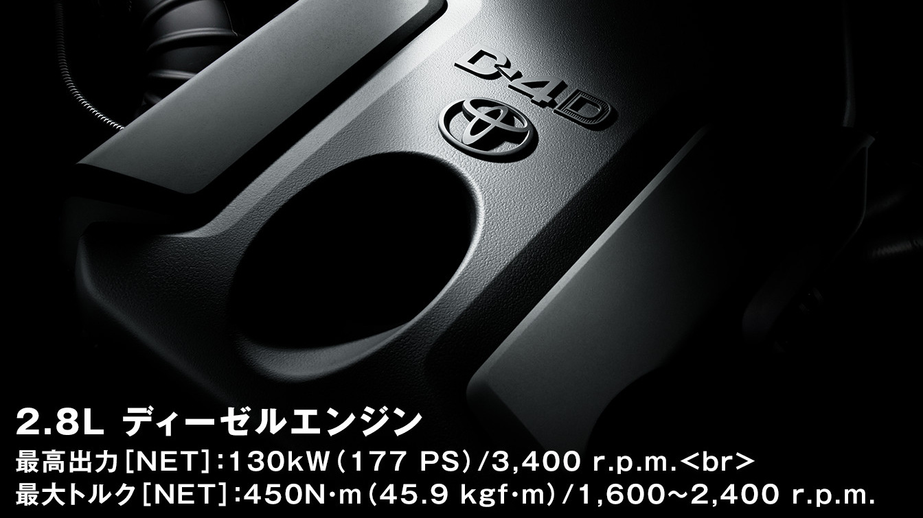 本格SUVにふさわしいトルクフルな動力性能を発揮する、直4 2.8L 1GD-FTVディーゼルエンジン